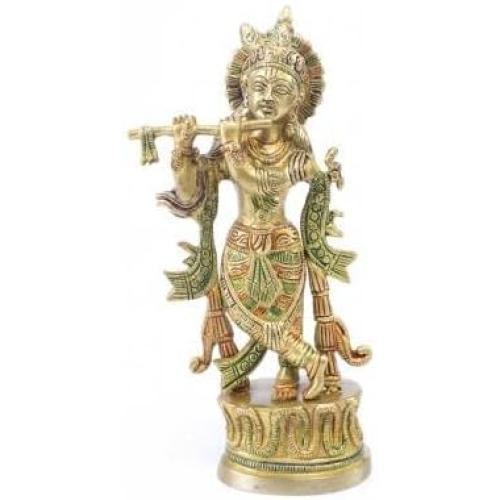 Lord Krishna Elegant Brass Multicolor Statue Decorative Showpiece - 23 cm (Brass, Gold, Red, Green)