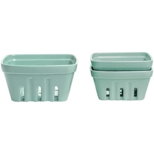 Over&Back 3-Piece Multipurpose Berry Baskets (Green) - Stackable Stoneware Fruit Bowls with Integrated Colander Strainer Holes - Farmhouse Kitchen Decor, Reusable Produce Saver