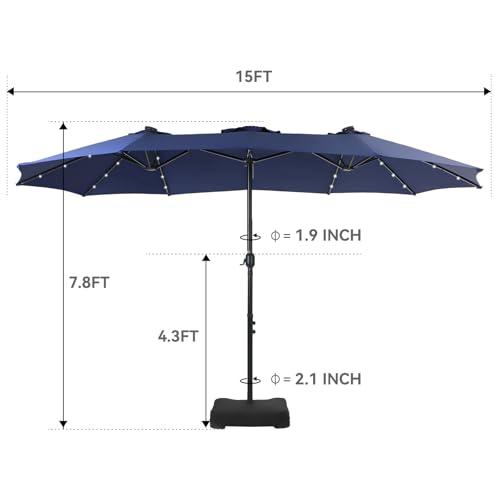 GREEN PARTY 15 ft Rectangle Patio Umbrella with Solar Lights and Base Included, Double-Sided Market Table Umbrella with Crank, Large Outdoor Umbrellas for Patio Poolside Garden Backyard, Navy Blue