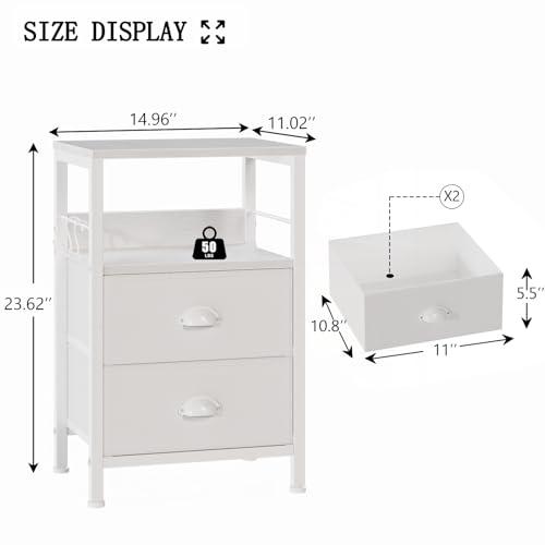 Furologee Nightstands Set 2, End Table with 2 Fabric Drawers, Bedside Table with 2 Hooks, Open Wood Shelf Side Sofa Table for Bedroom/Living Room/Hallway/White