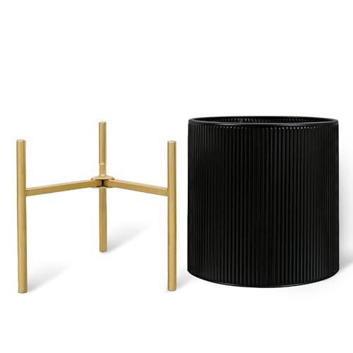 ARNIS Modern Plant Pots, Set of 2 Round Large Planters with Stand, Large Size Metal Pots with Drainage Holes for Living Room, Office, Garden or Balcony, 10.5 &12.25 Inch, Black & Gold
