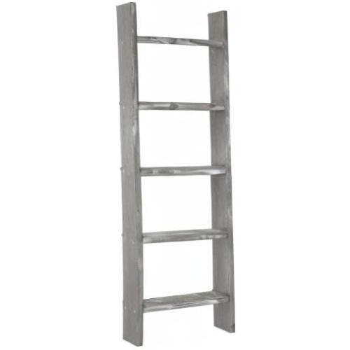 MyGift Large Whitewashed Wood Ladder Blanket Ladder, Farmhouse Style Wall Leaning Towel Rack with 5 Rungs (Graywashed)