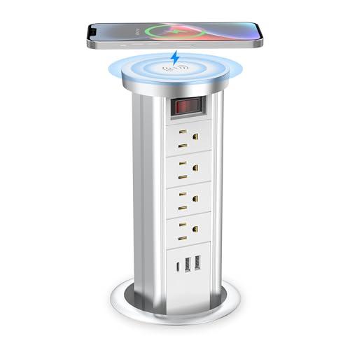 BTU Pop Up Outlet for Countertop, 4 Inch Hole Receptacle Power Strip with USB C & 4 AC Outlet, Pull Popup Outlet Recessed Power Socket with 10W Wireless Charger for Kitchen Conference Office
