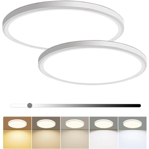 WHITE LED CEILING LIGHTS hunhun 2 Pack 16 Inch Dimmable LED Flush Mount Ceiling Light 4800LM Round Light Fixture 5 Color Temperature Selectable Super Slim Large Flat Ceiling Lamp for Living Dining Room White