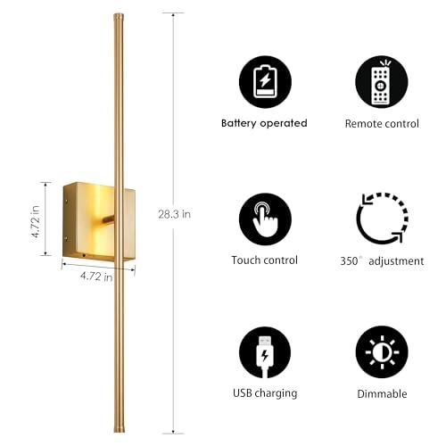 Battery Operated Wall Sconces with Remote Control, Dimmable Wall Sconces Set of Two, 350°Rotate, 3000K LED Gold Wireless Wall Light for Living Room, Hallway, Bedroom, 28.3 Inch (2 Pack)