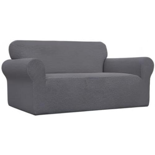 Easy-Going Stretch Loveseat Slipcover 1-Piece Sofa Cover Furniture Protector Couch Soft with Elastic Bottom for Kids Polyester Spandex Jacquard Fabric Small Checks (Loveseat, Grey)