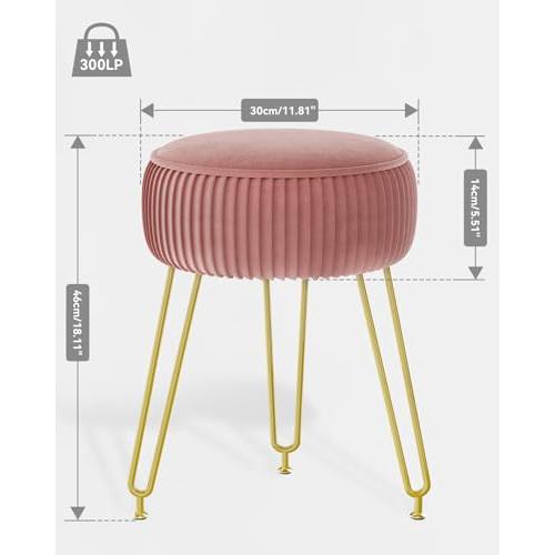 IBUYKE Velvet Round Footrest Ottoman, Makeup Vanity Stool Side Table, Velvet Dressing Table Seat, Pouf Couch Stool, Golden Steel Legs, Pink LG-30P
