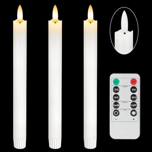 Flameless Taper Candles with Remote, Real Wax Battery Operated LED Candles Set with 3D Flickering Flame, 9.6 Realistic Dripless Candlesticks for Wedding Home Decor, 3 Pack White
