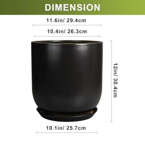 Ceramic Planter Pot - 12 Inch Large Plant Pot with Drainage Hole and Saucer Modern Flower Pot for Indoor Outdoor Plants Home Garden Decor Black