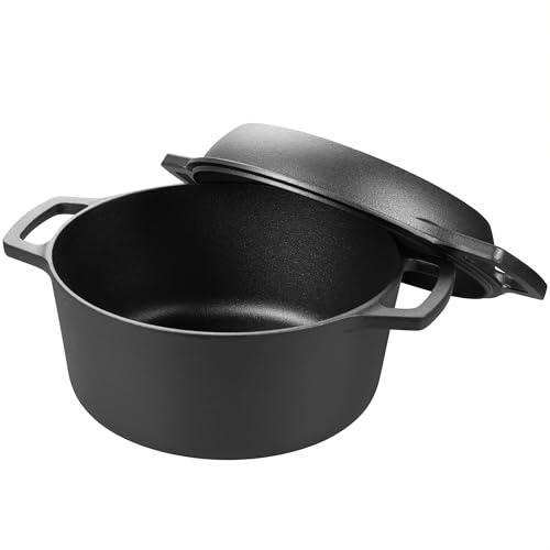 VORRINGARD Pre-seasoned Cast Iron Double Dutch Oven Pot with Skillet Lid, Dual-handle, for Bread Baking, Outdoor, Campfire Cooking, 5 Quart