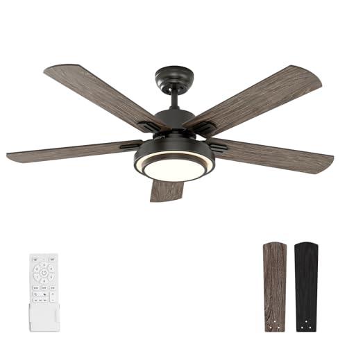 warmiplanet Ceiling Fans with Lights and Remote Control, 52 Inch, 6 Speeds Reversible DC Motor, 3 Color Dimmable Light, Timer, Noiseless, Black, 5 Blades