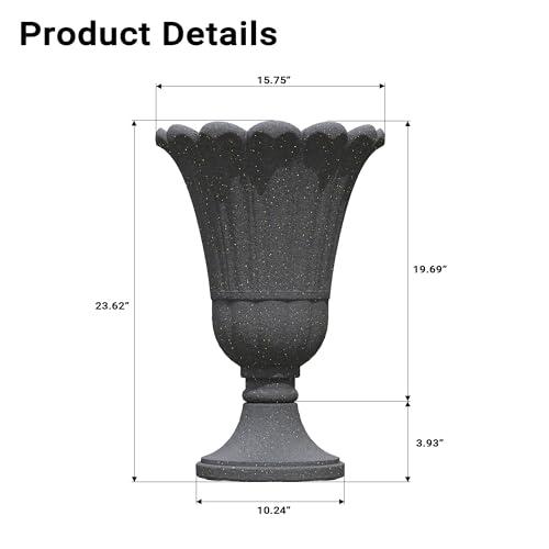 24 Tall Urn Planters Set of 2, Black Outdoor Planter for Porch | HDPE Resin Weather-Resistant Large Planters with Drainage Holes, Lightweight Vintage Petal Design for Patio, Porch, Garden