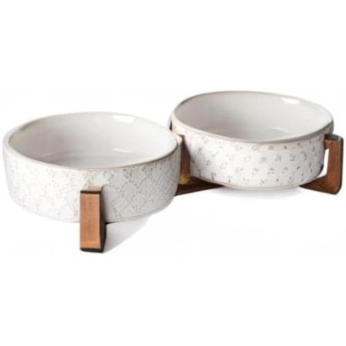 LE TAUCI Dog Bowl Set with Acacia Wood Stand - 1.8-Cup Ceramic Puppy Bowls for Small Dogs, Dual Food and Water Bowls with Weighted Non-Slip Base