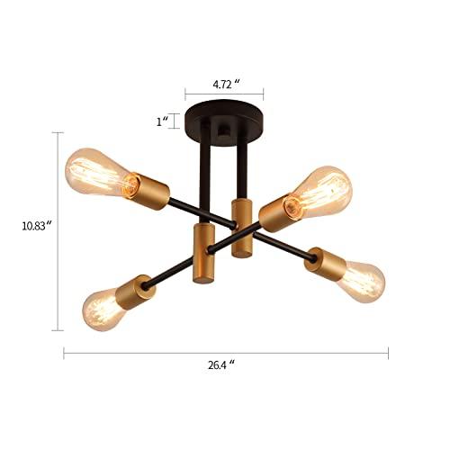 Size H10.83W26.4 Color Black and Gold Modern Sputnik Chandelier Ceiling Light Fixtures,4-Lights Mid Century Industrial Metal Semi Flush Mount Ceiling Lights for Bedroom Kitchen Hallway Entryway Office UL Listed