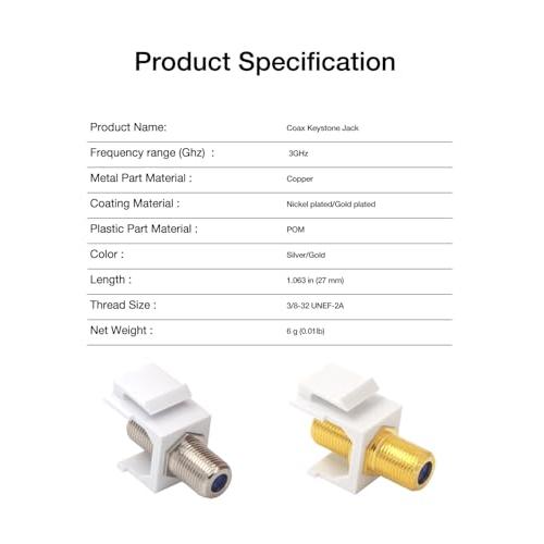 VCE Coax Keystone Jack 3GHz RG6 F-Type Gold-Plated Female Connector 5-Pack