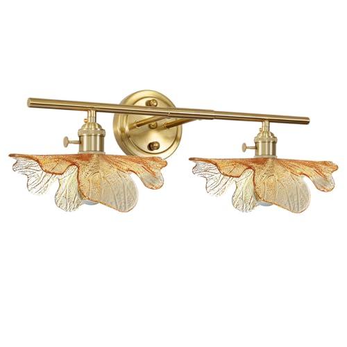 Bathroom Light fixtures Vintage Wall Sconce 2 Light Bathroom Vanity Light Gold Wall Sconce Lights Amber Glass Art Deco Vanity Lights Over Mirror for Bedroom Hallway Living Room ( broken one flower glass) see the pictures