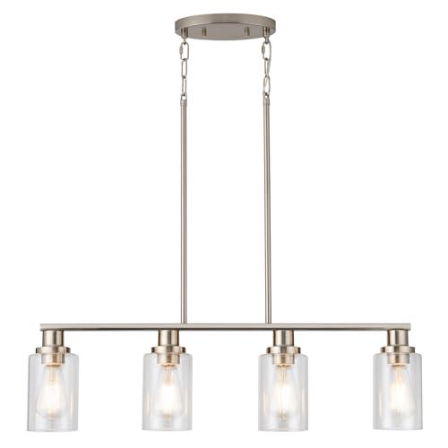 Kitchen Island Lighting, 4-Light Farmhouse Dining Room Light Fixtures Over Table, Linear Chandelier Pendant Lighting for Kitchen Island for Brushed Nickel Finish with Clear Glass Shade
