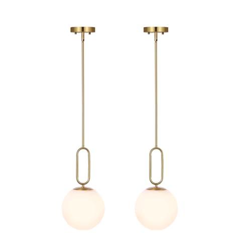 Modern Gold Globe Pendant Light White Globe Glass Shade 2 Pack Brushed Brass Finished Adjustable Rods Hanging Light Fixtures for Kitchen Island Living Room
