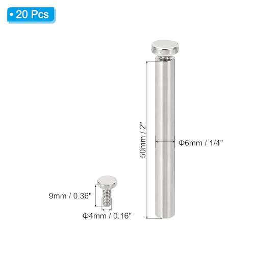 PATIKIL 1/4 x 2 inch Sign Standoff Screws, 20 Pcs Stainless Steel Wall Standoff Mounting Hardware Advertising Glass Nail for Hanging Acrylic Picture Frame Acrylic Panel, Silver