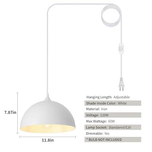 White Plug in Pendant Light,2 Pack 11.8inch Hanging Lights with Plug in Cord 14.7 ft, Hanging Pendant Light,Hanging Lamp Plug in for Bedroom Living Room Kitchen Island