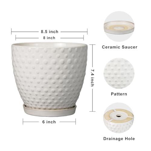 G EPGardening 8 Inch Plant Pot for Indoor Outdoor Plants Round Ceramic Planter Pot with Drainage Hole and Saucer Modern Large Flower Pot White