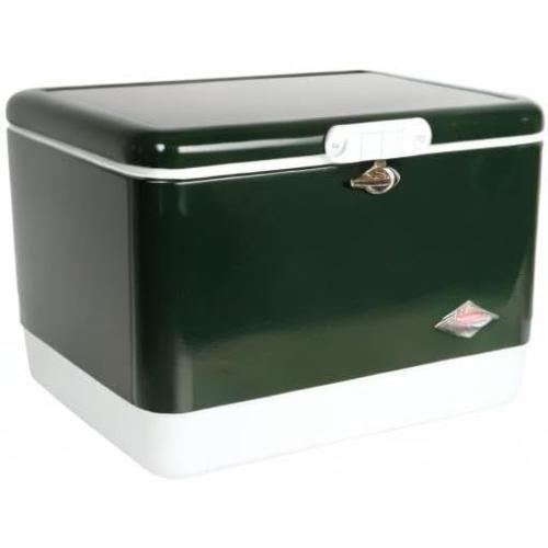 Coleman Vintage 54qt Steel Belted Cooler, Keeps Ice Up to 4 Days, 85-Can Capacity Hard Cooler with Drain & Have-A-Seat Lid has a few dents on lid and front