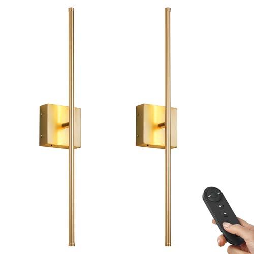 Battery Operated Wall Sconces with Remote Control, Dimmable Wall Sconces Set of Two, 350°Rotate, 3000K LED Gold Wireless Wall Light for Living Room, Hallway, Bedroom, 28.3 Inch (2 Pack)