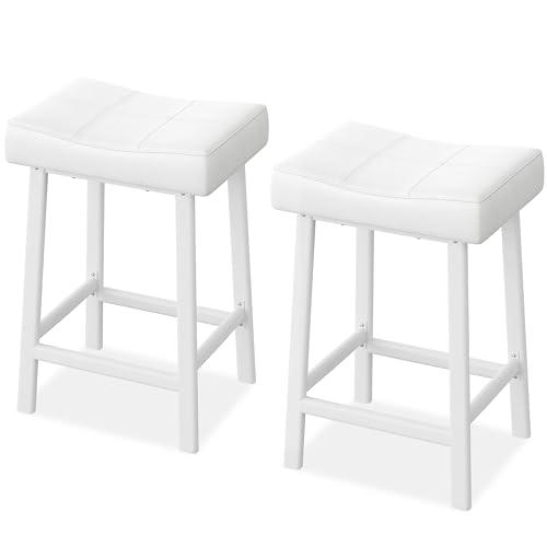 24 Saddle Bar Stools Set of 2, Stylish Backless PU Leather Counter Height Stools with Curved Cushion, Perfect for Kitchen Counters or Home Bars, White