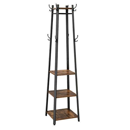 VASAGLE Coat Rack, Coat Stand with 3 Shelves, Hall Tree Free Standing with Hooks for Scarves, Bags, Umbrellas, Steel Frame, Industrial Style, for Entryway, Living Room, Rustic Brown and Black ULCR80X