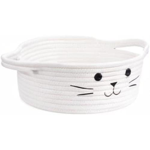 HiChen Small Woven Basket, Cute Cat Toy Basket for Living Room, Decorative Nursery Bin for Toys, Diapers, Empty Gift Baskets for Baby, White, 9.8 x 4 inches
