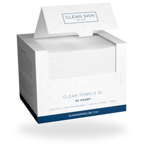 Clean Skin Club Serviettes Visage XL 100% Biologiques Certifiées USDA, Approuvées par les Dermatologues, Anti-Acné Serviettes Jetables pour le Visage et le Démaquillage, Ultra Douces