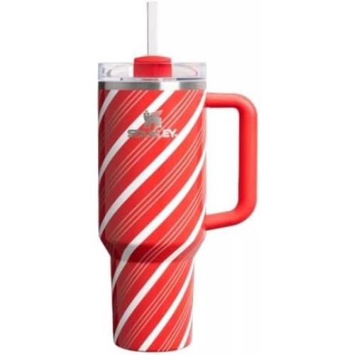 STANLEY 40 oz Stainless Steel H2.0 FlowState Quencher Tumbler, Candy Cane Stripe Pattern, Red and White, with Handle and Lid