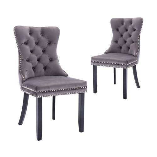 Velvet Dining Chairs Set of 2,Upholstered Dining Chairs with Ring Pull Trim and Button Back,Modern Seating for Kitchen, Dining Room & Living Room(Grey)
