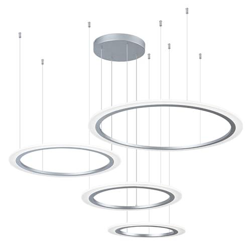 4 Rings Silver Modern Round Pendant Light Modern Chandeliers Dimmable LED Ceiling Lighting for Hallway Living Room Kitchen Entryway Bedroom, 110W, 3000K-6000K, 9350lm