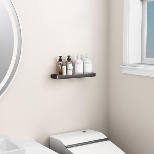 Danpoo 16-Inch Wall Shelf, Clear Tempered Glass with Matte Black Aluminum Frame – Sleek Floating Bathroom Organizer