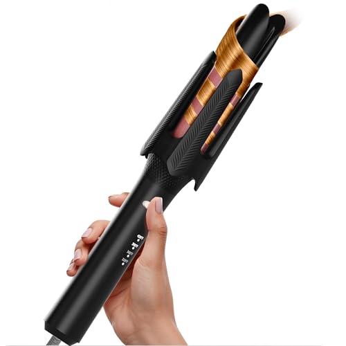 Auto Rotating Hair Curler - 4 Temperature and Timer Settings, Automatic Curling Iron with Automatic Shut-Off, Anti-Tangle and Scalding, Curling Wand for Long Lasting Curls (Black)