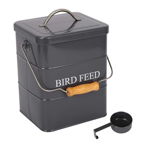 Bird Seed Storage Container Airtight,5~6LB Metal Bird Food Container with Scoop,Wild Birds Feed Tin for Storing Sunflower Seed-Ideal for Outdoor or Indoor-Squirrel proof-Gray