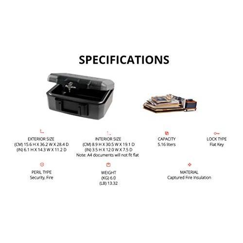 SentrySafe Fireproof Safe with Key Lock, Chest Lock Box for Home or Travel Secures Money, Documents, 0.18 Cubic Feet, 6.1 x 14.3 x 11.2 Inches, 1210