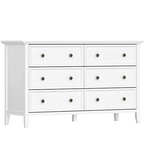 IKENO White 6 Drawer Dresser for Bedroom, Modern Solid Wood Large Storage Cabinet, Simple White Chest of Drawer for Bedroom Living Room Hallway Entryway