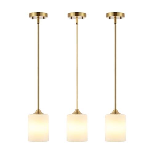Modern Gold Pendant Light 3 Pack Brushed Brass Mid Century Chandelier White Cylinder Glass Shades Adjustable Rods Farmhouse Ceiling Hanging Lighting Fixture Kitchen Island Dining Room Bedroom