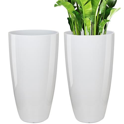 21 inch Tall Planter Indoor Outdoor, Set of 2 Tall Outdoor Planters for Porch Large Planter Pot with Drainage Hole for Home Garden Front Door (White)
