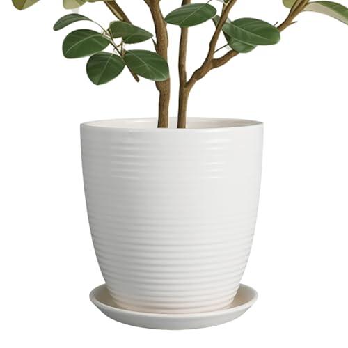 10 Inch Ceramic Planter Pot - Large Plant Pot with Drainage Hole and Saucer, Modern Round Flower Pots for Indoor Outdoor Plants, Garden Planter, White