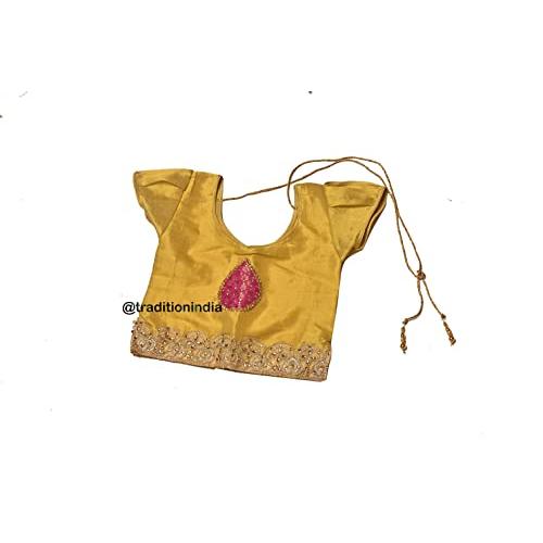 Tissue Silk & Chanderi Fabric Short Sleeve Party Wear Lehenga Choli for Girls & Kids (Color-Yellow & Hot Pink)