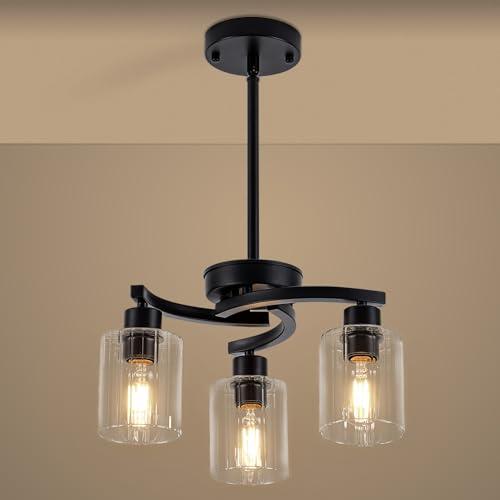SHIGUANG Black Chandelier, 3 Light Chandeliers for Dining Room Light Fixtures Over Table, Industrial Hanging Pendant Lighting with Glass Shade for Kitchen Island Farmhouse Entryway