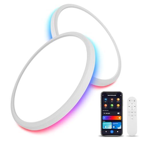 2 Pack  Size 15.8 Smart RGB LED Ceiling Light with Remote, WiFi Flush Mount Ceiling Light Works with Alexa & Google Home, 32W=3200LM Dimmable, DIY Colors & 2700K-6500K, for Bedroom Living Room