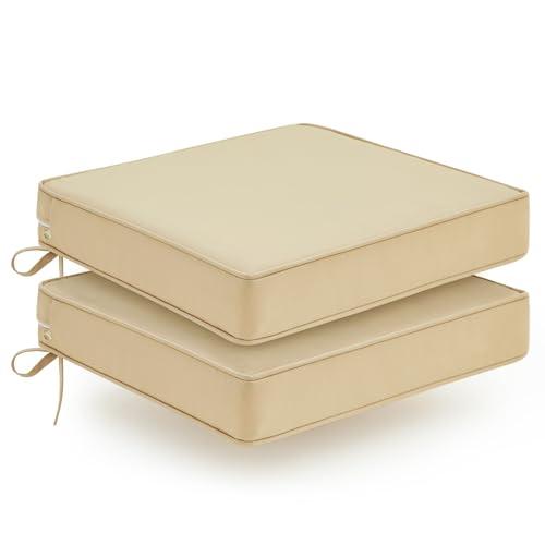 Outdoor Chair Cushions Set of 2, Waterproof Patio Chair Cushions, Patio Furniture Cushions with Ties, Outdoor Wicker Replacement Seat Cushion, 19 x 19 x 3 inch, Beige