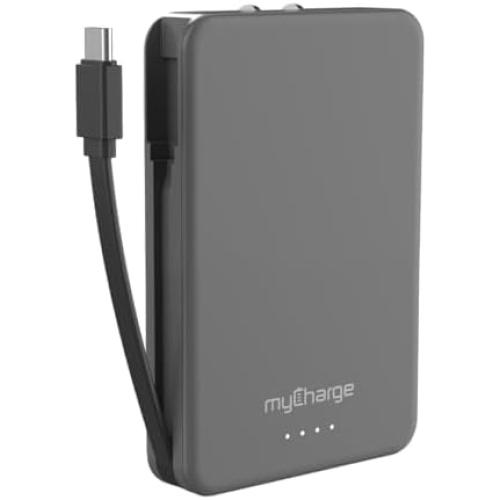 myCharge Power   Plug Portable Charger USB C Dual Power Bank with 5000mAh Internal Battery, Built-in Cable, Additional Port, Fold Away Wall Plug for Fast Charging of Apple, Android, 30 hrs