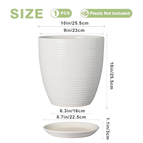 10 Inch Ceramic Planter Pot - Large Plant Pot with Drainage Hole and Saucer, Modern Round Flower Pots for Indoor Outdoor Plants, Garden Planter, White