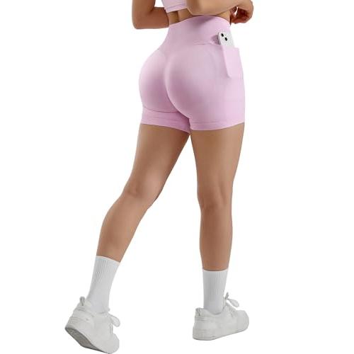 SUUKSESS Women XL Pink Hidden Scrunch Butt Lifting Workout Biker Shorts with Pockets 4 Seamless High Waisted Gym Shorts