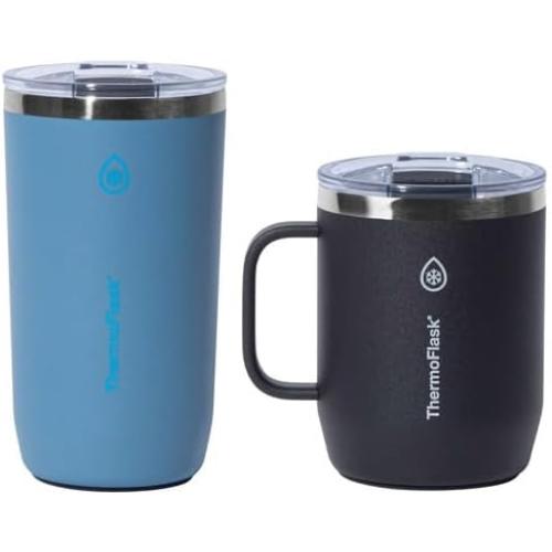 ThermoFlask Insulated Coffee Mugs, Set of 2, 355 and 474 ml, black and Green, Non-Slip Base, Splash Proof Lid